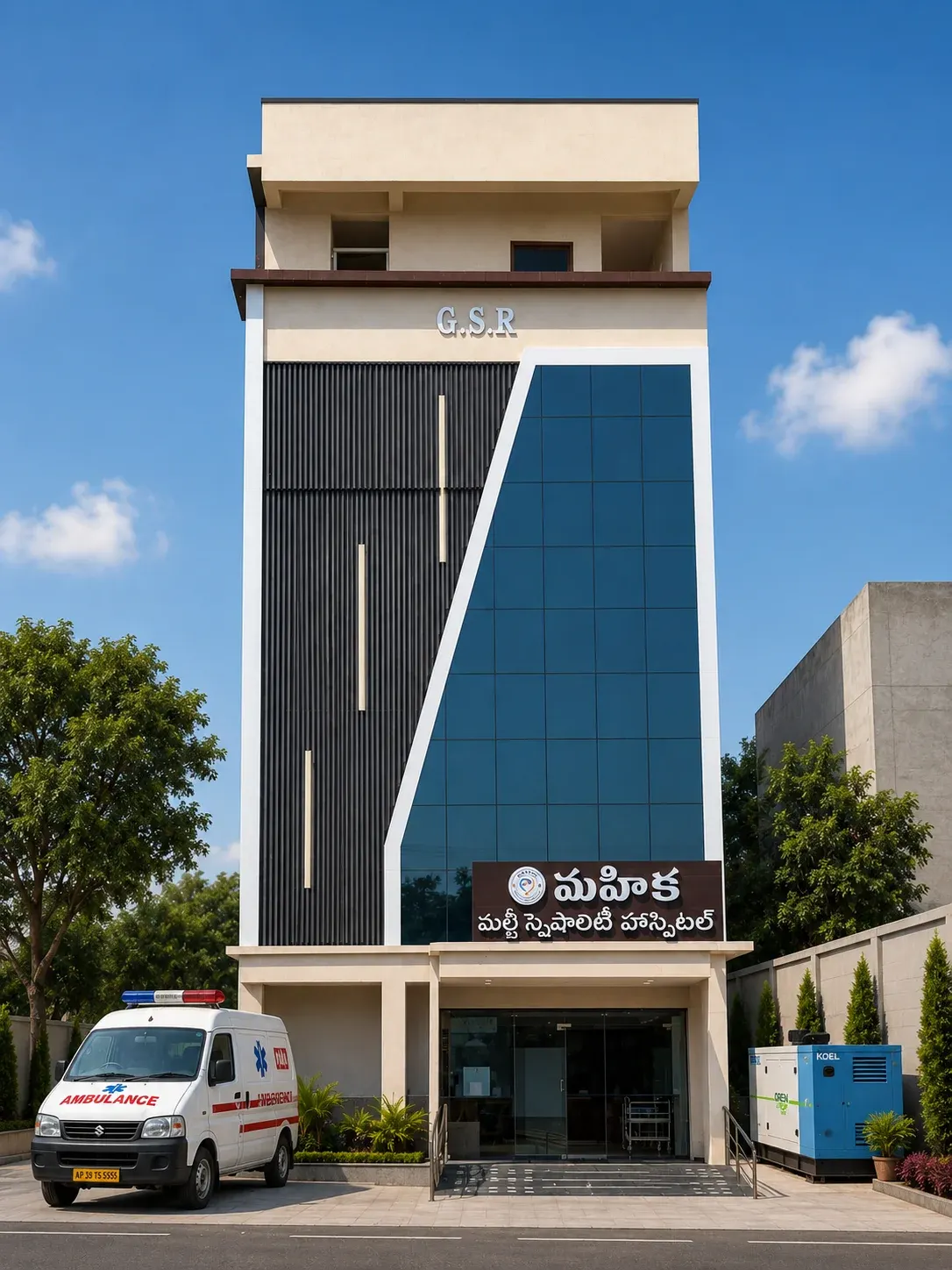 Mahika Multispeciality Hospital building in Pattabhipuram, Guntur with 24 hour ambulance at the entrance