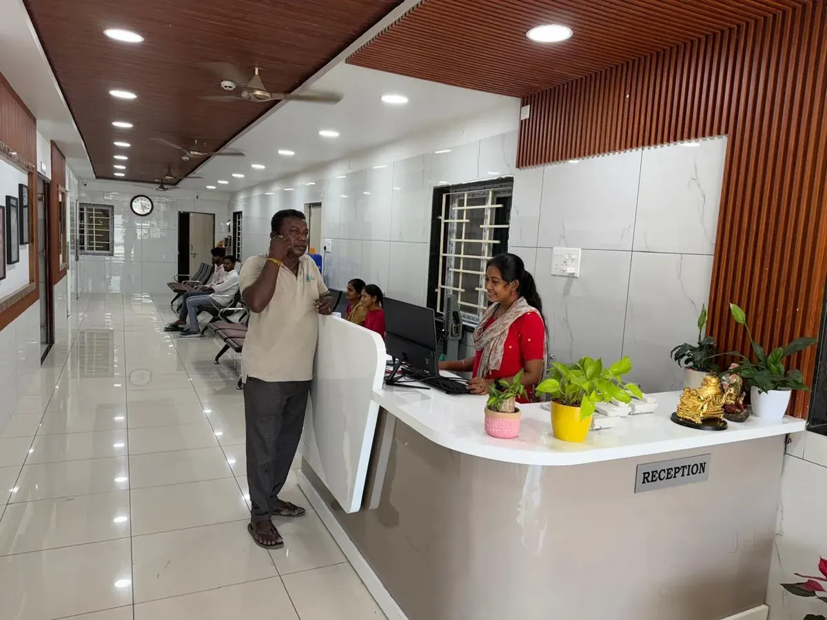 Reception and welcome area at Mahika Multispeciality Hospital, Guntur